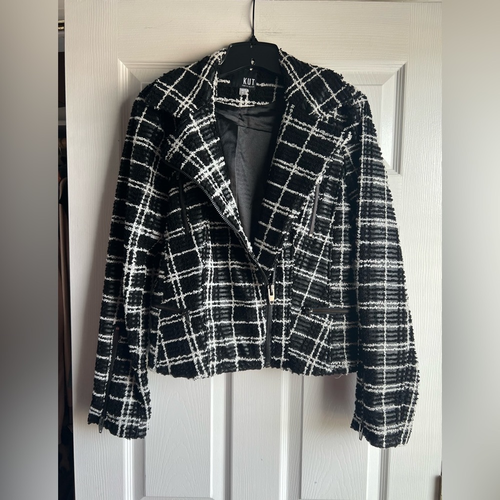 KUT from the Kloth Tweed Plaid Faux Leather Moto Jacket Women's Medium